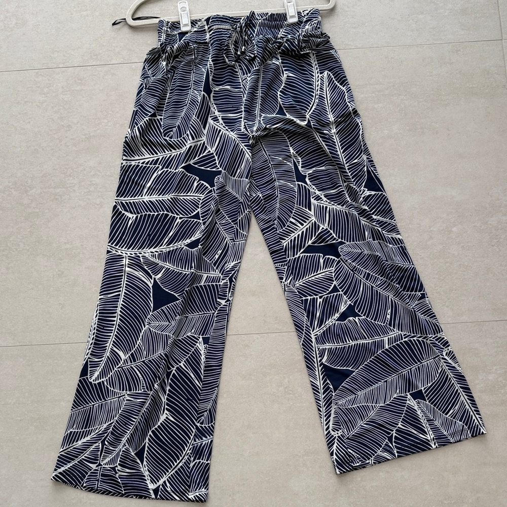 Navy and White Leaf Print Wide Leg Pants